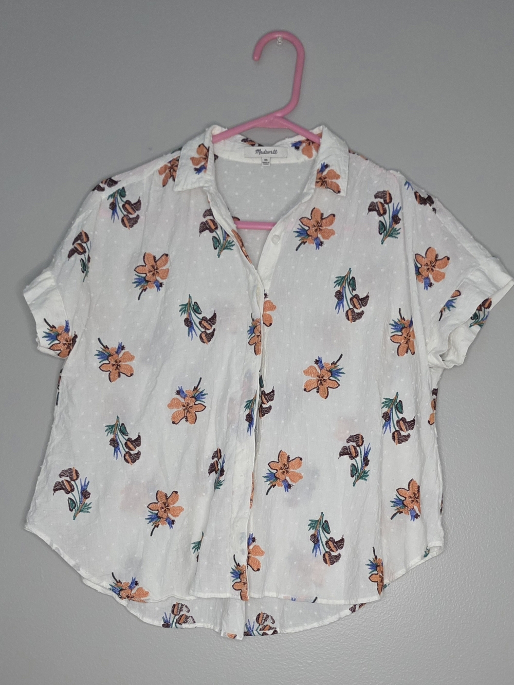 Madewell White Button-Down Shirt with Orange Floral Print